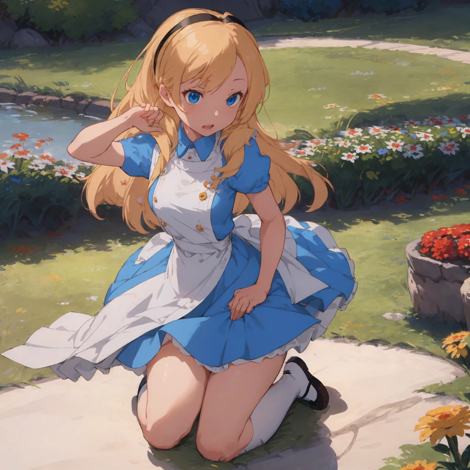 one girl, Alice Liddell, young, small breasts, (looking at viewer), smiling, cute, adorable, (Best Quality, 4K, 8K, High Definition, Masterpiece: 1.2), Highly Detailed, studio lighting, bright colors, forest, jump up and down, Full body image, shining eyes, long hair, blonde, white socks, panties, white panties, hair ribbon, show panties