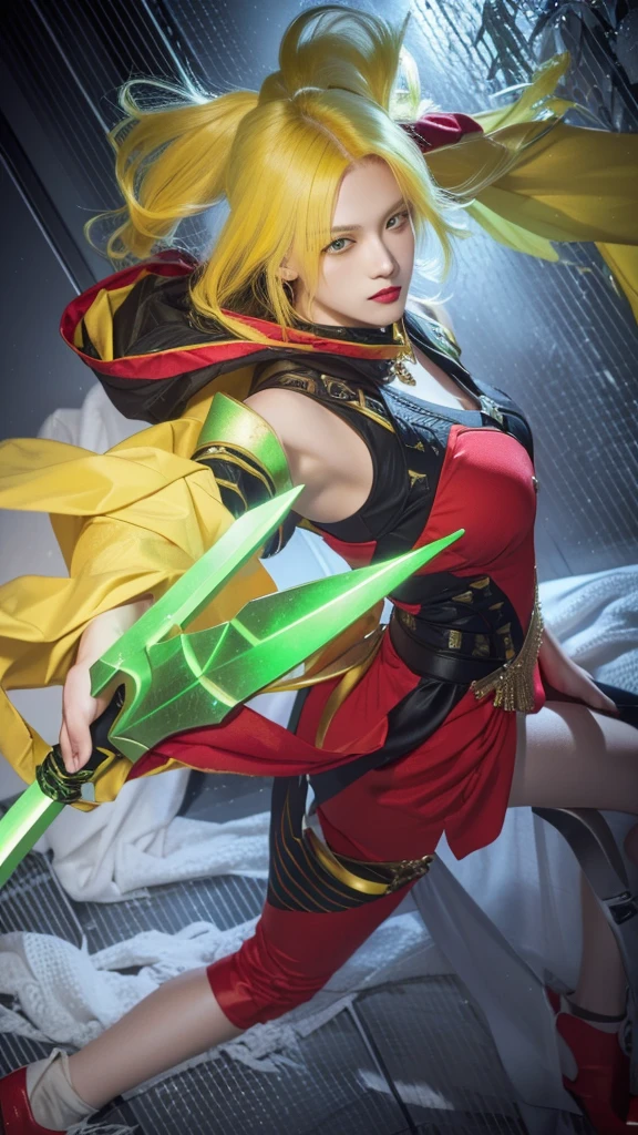 a beautiful yellow-haired woman in red clothes holding a green and yellow sword