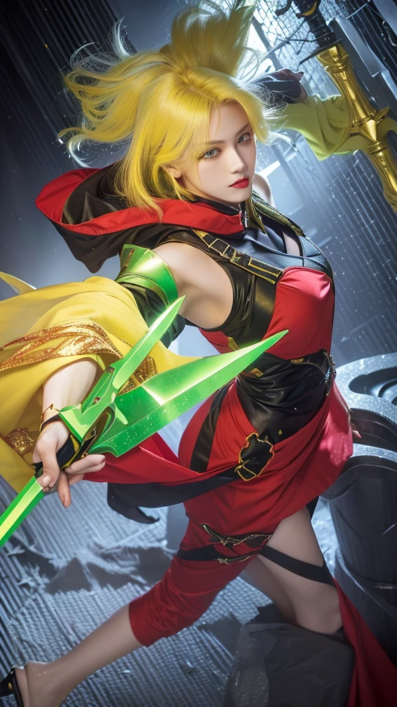 a beautiful yellow-haired woman in red clothes holding a green and yellow sword