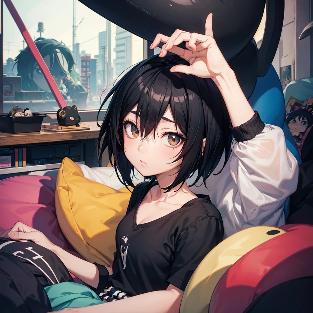 girl similar to gorillaz noodle, short black hair ((drawing)), ((anime girl nose)), girl raising his hand to the sky, in nightwear, on top of a pile of clothes, below and around several stuffed animals sitting.