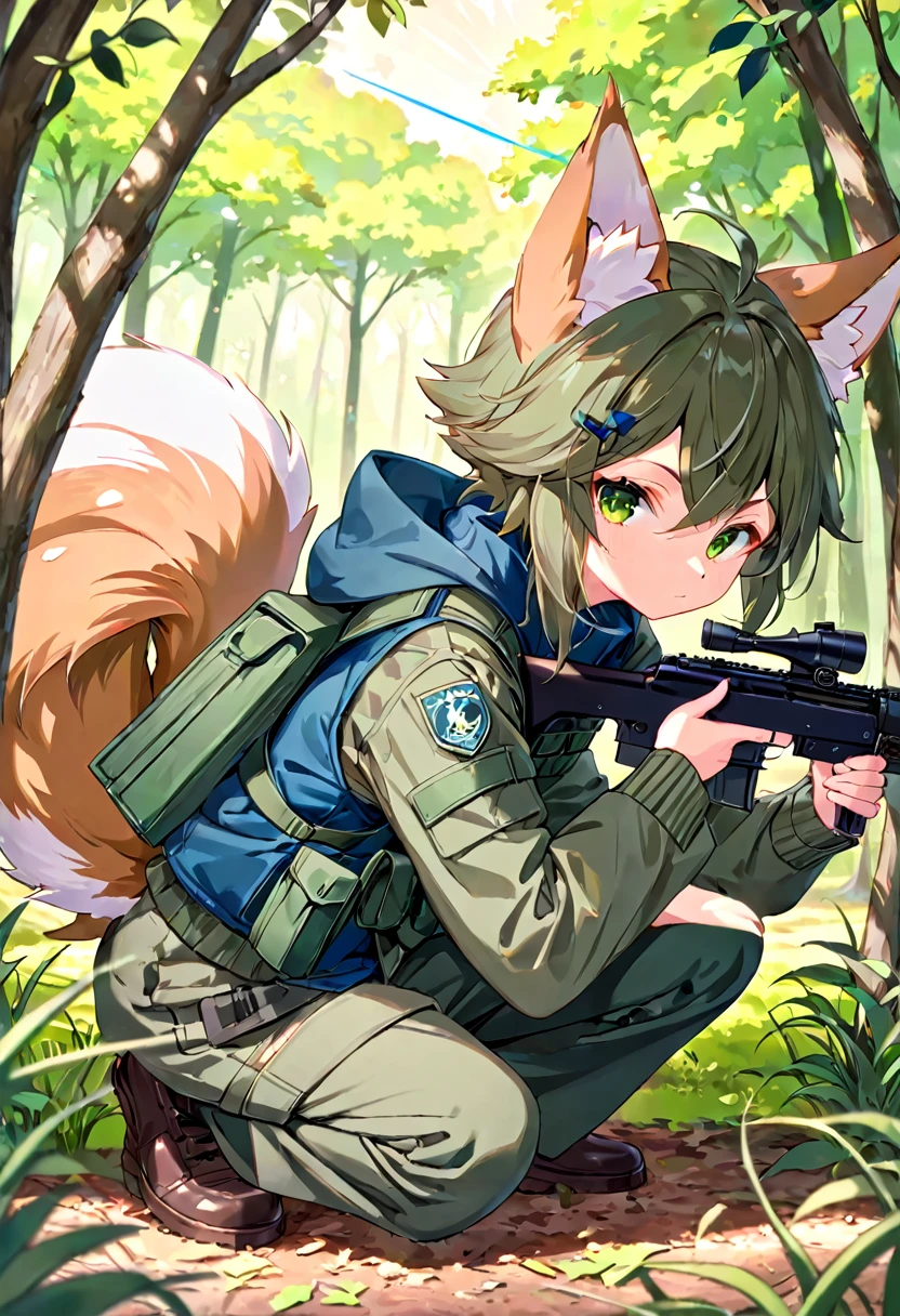 frame of trading card, UI Marks on the upper right and left bottom of the cygames style card.dark and green tone. ************ small anthro kemono fox Scout is crouching behind a tree and aiming his sniper rifle at a distant target. He is dressed in a camouflaged jacket and pants,with a bulletproof vest. meticulous post-war military scenes, soft-focus technique