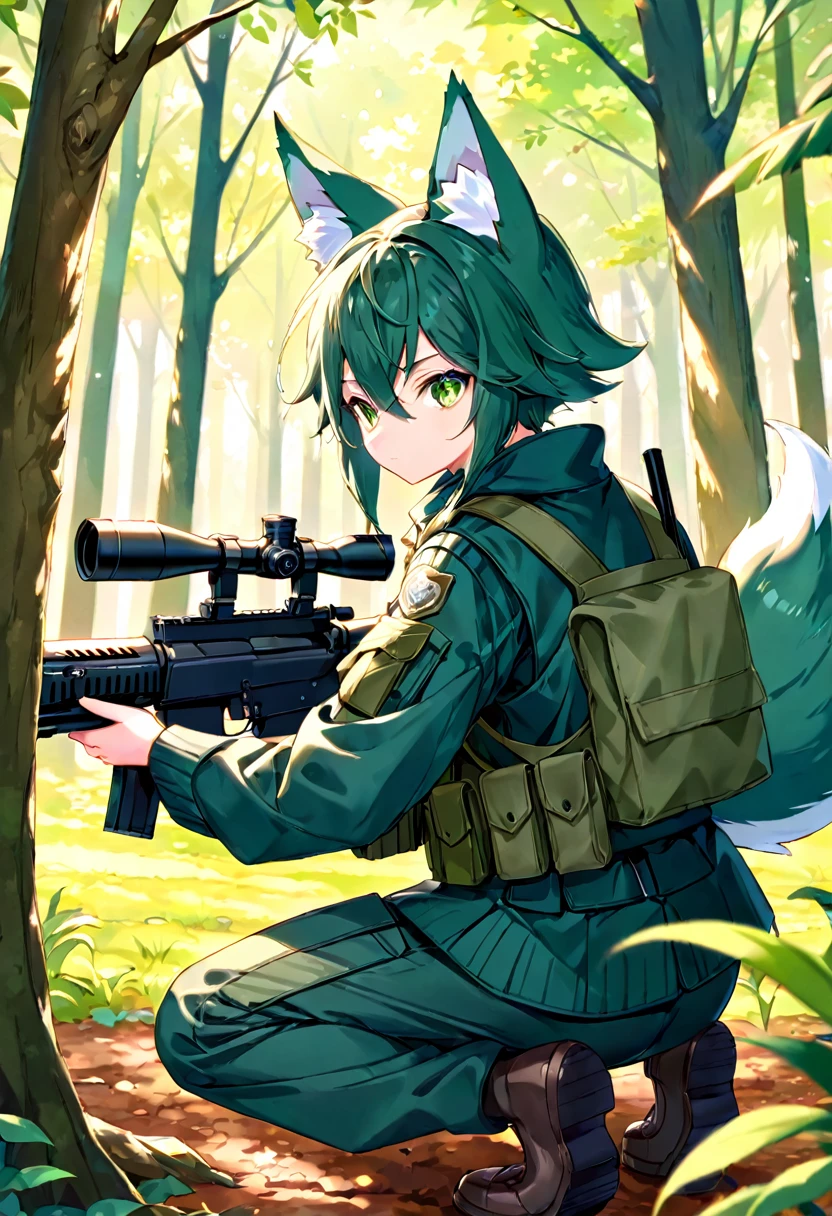 frame of trading card, UI Marks on the upper right and left bottom of the cygames style card.dark and green tone. 14 years old small anthro kemono fox Scout is crouching behind a tree and aiming his sniper rifle at a distant target. He is dressed in a camouflaged jacket and pants,with a bulletproof vest. meticulous post-war military scenes, soft-focus technique