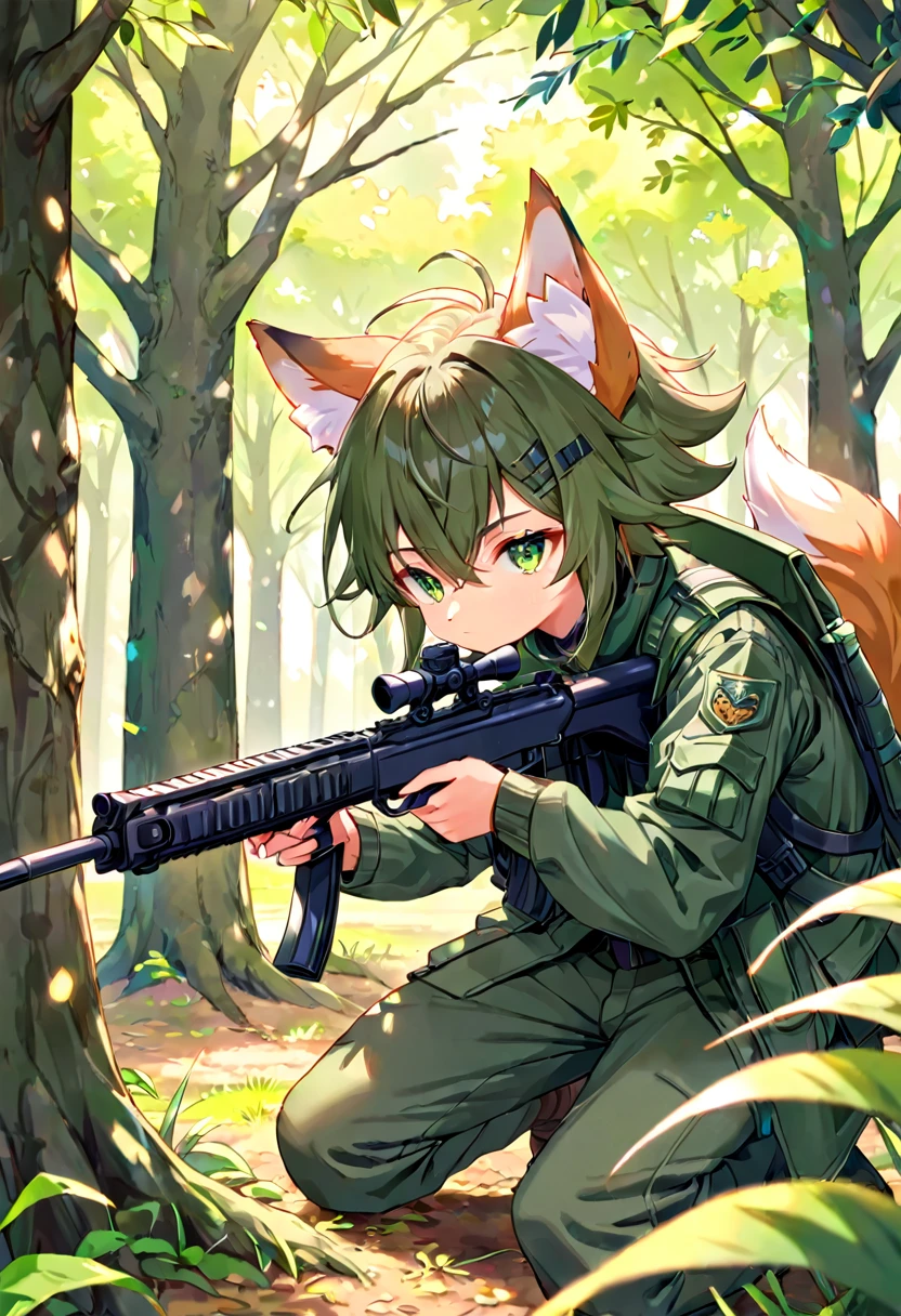 frame of trading card, UI Marks on the upper right and left bottom of the cygames style card.dark and green tone. ************ small anthro kemono fox Scout is crouching behind a tree and aiming his sniper rifle at a distant target. He is dressed in a camouflaged jacket and pants,with a bulletproof vest. meticulous post-war military scenes, soft-focus technique