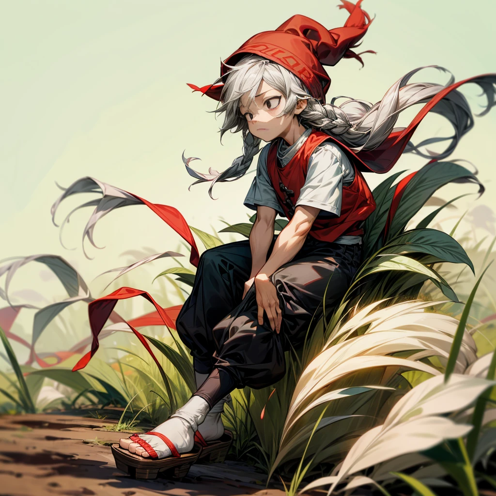 1little boy, Full body version, 1character, black eyes color, milk skin, long hairstyle, sad eyes type, silver colour hair, Farmer villager clothing style, red color clothing, black pants, white scraf, Ancient roman sandals, vest, green Beanie, Grassroots background in field villager, motion blur