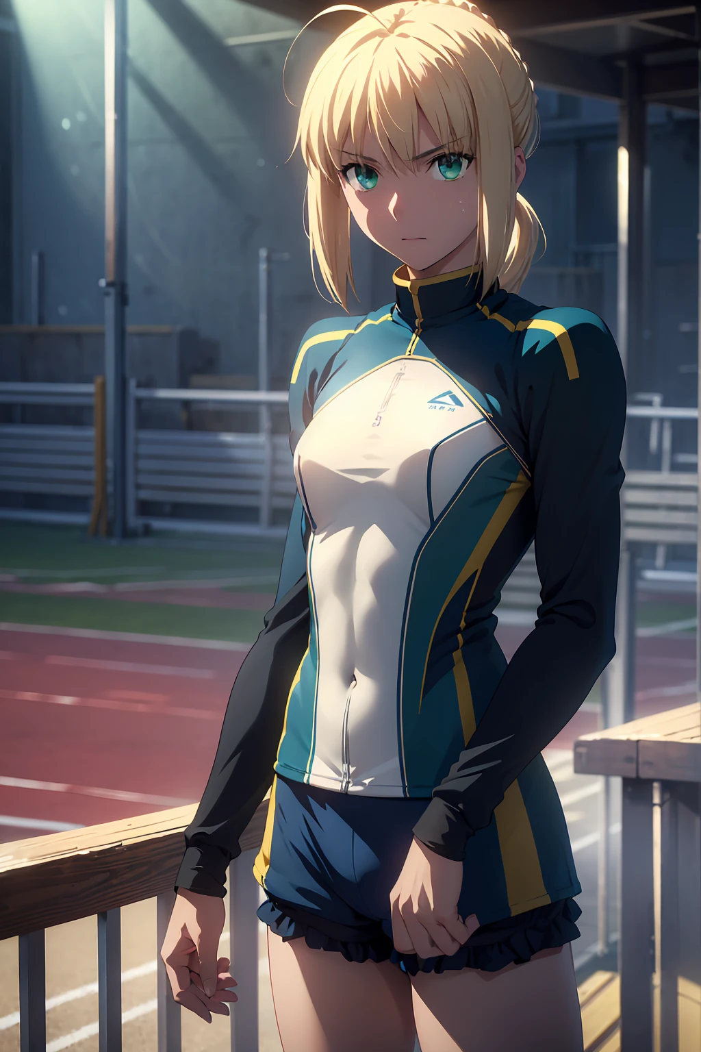 (Highest quality:1.5, High resolution, uhd, 4K, Detailed lighting, Shaders), (artoria pendragon), solo short hair short hair,ponytail Green Eyes Cool face ((Racing Bloomers Track and field uniform))++ Sports bra with a small area Realistic sun rays Sweat Super oily skin Beautiful Abs