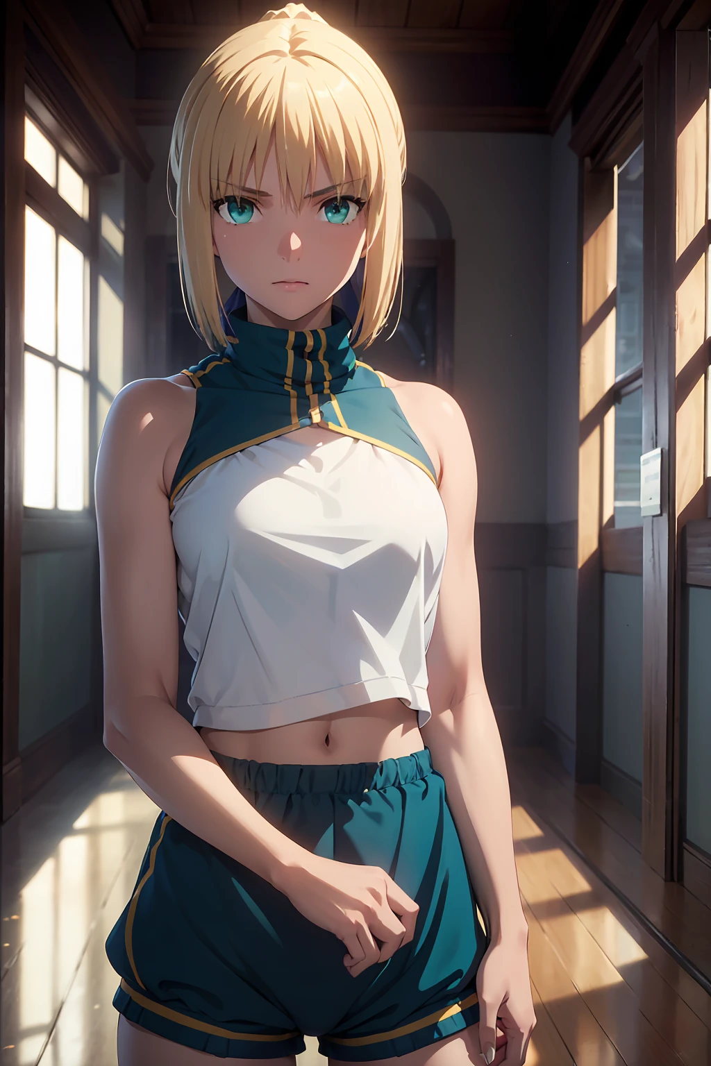 (Highest quality:1.5, High resolution, uhd, 4K, Detailed lighting, Shaders), (artoria pendragon), solo short hair short hair,ponytail Green Eyes Cool face ((Racing Bloomers Track and field uniform))++ Sports bra with a small area Realistic sun rays Sweat Super oily skin Beautiful Abs
