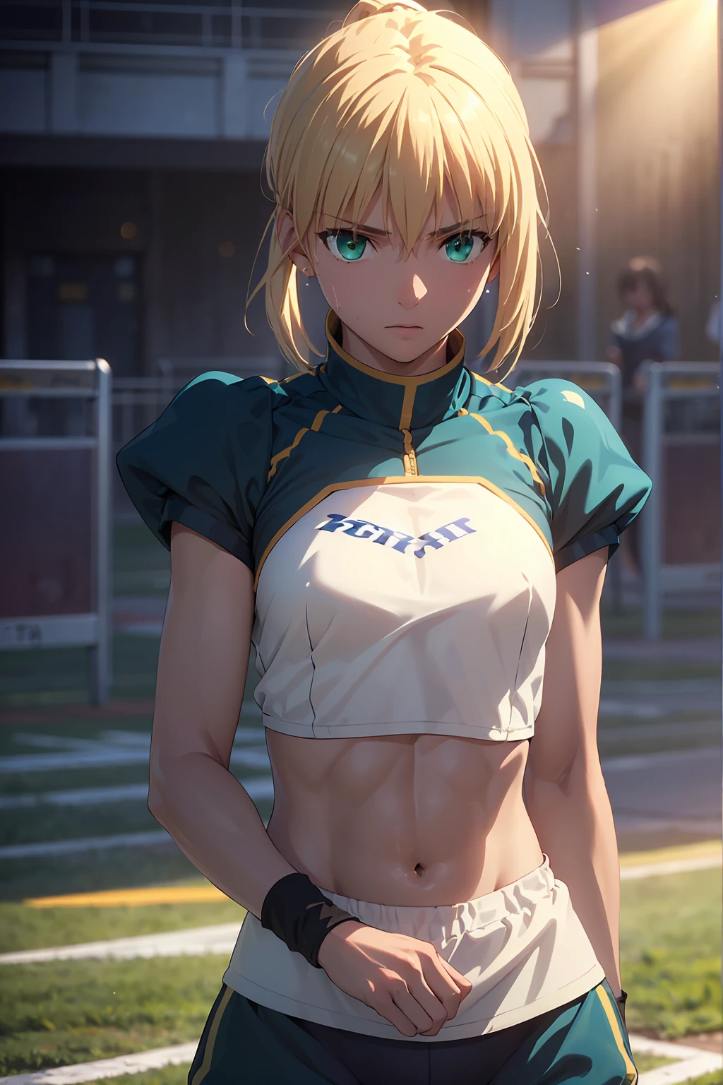 (Highest quality:1.5, High resolution, uhd, 4K, Detailed lighting, Shaders), (artoria pendragon), solo short hair short hair,ponytail Green Eyes Cool face ((Racing Bloomers Track and field uniform))++ Sports bra with a small area Realistic sun rays Sweat Super oily skin Beautiful Abs