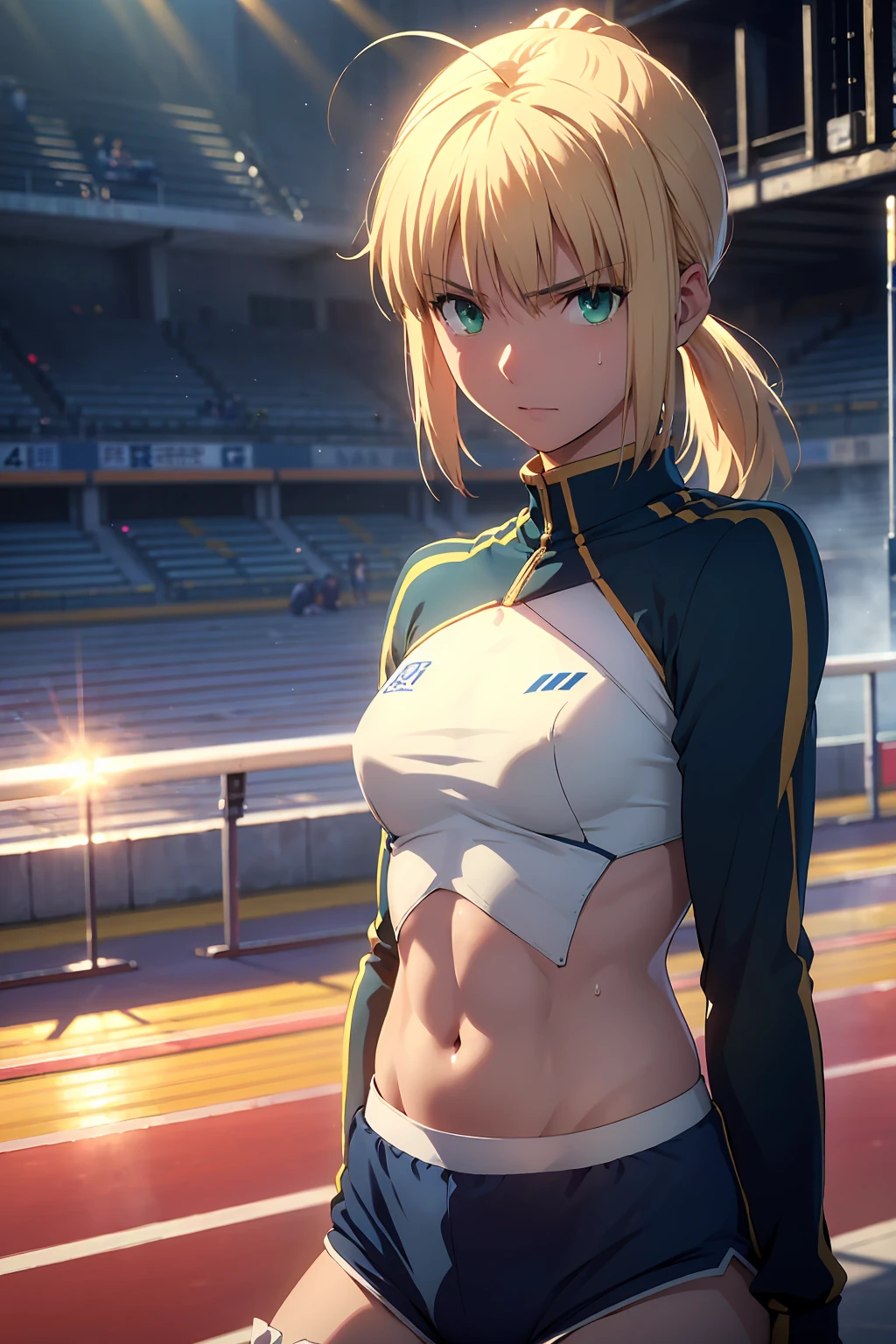 (Highest quality:1.5, High resolution, uhd, 4K, Detailed lighting, Shaders), 　(artoria pendragon), solo short hair short hair,ponytail　Green Eyes　Cool face　　((Racing Bloomers　Track and field uniform))++　Sports bra with a small area　Realistic sun rays　 Sweat　Super oily skin　Beautiful Abs