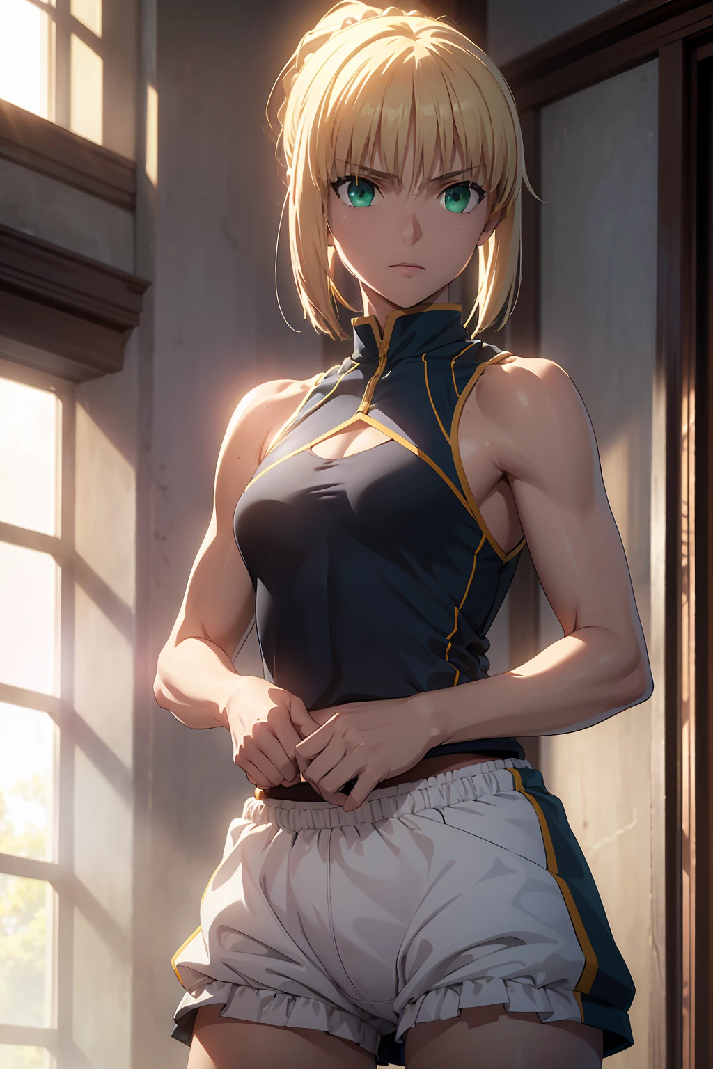 best quality, amazing quality, very aesthetic, 1girl, saber, fate/stay night, 1girl, saber, fate/stay night, , (artist official art:1.5), french braid bun hair, ahoge_hair, green eyes, large breasts, jitome, cinematic light, official_blue_outfit, stand_up_straight, arms_behind, on the family room, happy, smile, blush, night, looking_at_viewer, oily_skin, cool, from_front