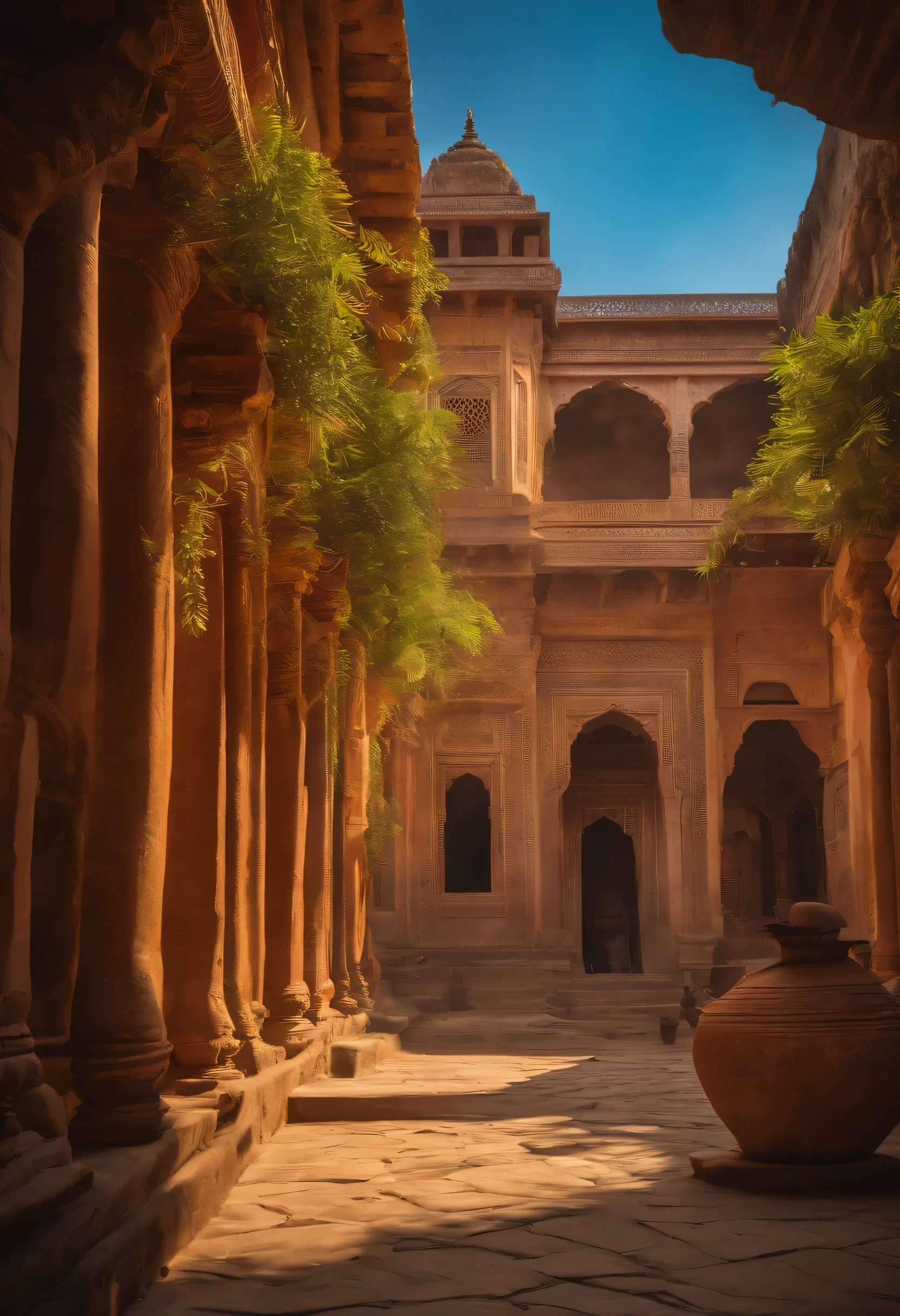 An ancient city in India, vibrant and bustling, with a rich cultural heritage and architectural marvels. (best quality,4k,8k,highres,masterpiece:1.2),ultra-detailed,(realistic,photorealistic,photo-realistic:1.37),HDR,UHD,studio lighting,ultra-fine painting,sharp focus,physically-based rendering,extreme detail description,professional,vivid colors,bokeh. The city is adorned with intricately carved temples, colorful markets, and narrow winding streets. People wearing traditional attire can be seen going about their daily lives. The aroma of authentic Indian spices fills the air, while the sound of temple bells and bustling crowds creates a lively atmosphere. The city is bathed in warm, golden sunlight, casting beautiful shadows on the ancient stone walls. The sky is a vibrant blue, dotted with fluffy white clouds. The streets are lined with vibrant red, yellow, and blue buildings, adorned with exquisite hand-painted murals. Elephants in traditional attire roam the streets, adding to the majestic ambiance. Palm trees sway gently, providing shade and adding a tropical touch to the scenery. Rich, earthy tones dominate the color palette, enhancing the old-world charm of the city. The scene is illuminated by the soft glow of street lamps and decorative lanterns, creating a magical and romantic ambiance. The overall atmosphere exudes a sense of timelessness, transporting viewers to a bygone era in Indian history.