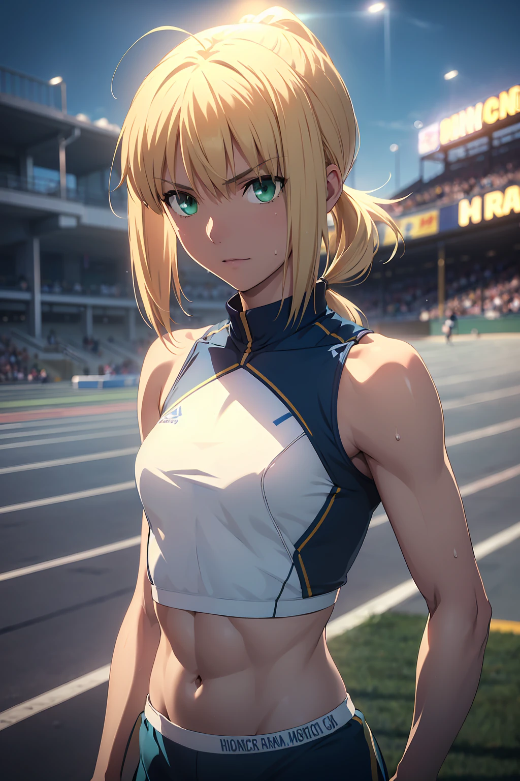 (Highest quality:1.5, High resolution, uhd, 4K, Detailed lighting, Shaders), (artoria pendragon), solo short hair short hair,ponytail Green Eyes Cool face ((Racing Bloomers Track and field uniform))++ Sports bra with a small area Realistic sun rays Sweat Super oily skin Beautiful Abs
