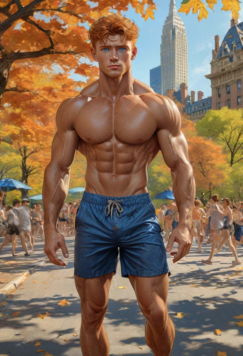 ((1 man fullbody NAKED,)) (front( view )),
Art style of henry scott tuke and Peter Paul Rubens in American pastoral, oil painting, fvibrant cultural tradition, Autumnal atmosphere,
Specifications, fullbody
Material,
Lighting, ambient lighting
Composition, becoming the subject, perfect components layout, composition
Details, ultra detailed, ultra realistic
Colors, soft neutral colors mix with vibrant rich colors,
Angle view, , wide angle, fullbody, frong_view
Age and race, A 20 years old man, ginger
His face is detailed blue eyes, detailed feet, detailed nose, detailed lips, detailed chin, detailed ears, handsome, hairy body, smoth flawless skin
His body is ultradetailed, ultrarealistic, slighly hairy body, slender, detailed muscles, masculine, detailed feet, detailed hands, gorgeous, , perefect anatomy, skinny detailed muscles man
He is wearing shirtless, barefoot,
He is doing the action of walking on park avenue
In the background, central park , park avenue, buildings, people walking
Complements are 8k resolution, HD, high quality masterful still-life painting, atmospheric perspective, depth, illustration, intricate details, ultra high resolution, sharp details, sharp focus, 8k resolution Miki Asai Macro photography, fullbody, hyper detailed, trending on artstation, sharp focus, studio photo, intricate details, highly detailed, by greg rutkowski ,GO_pokemon, brown hair, visor cap