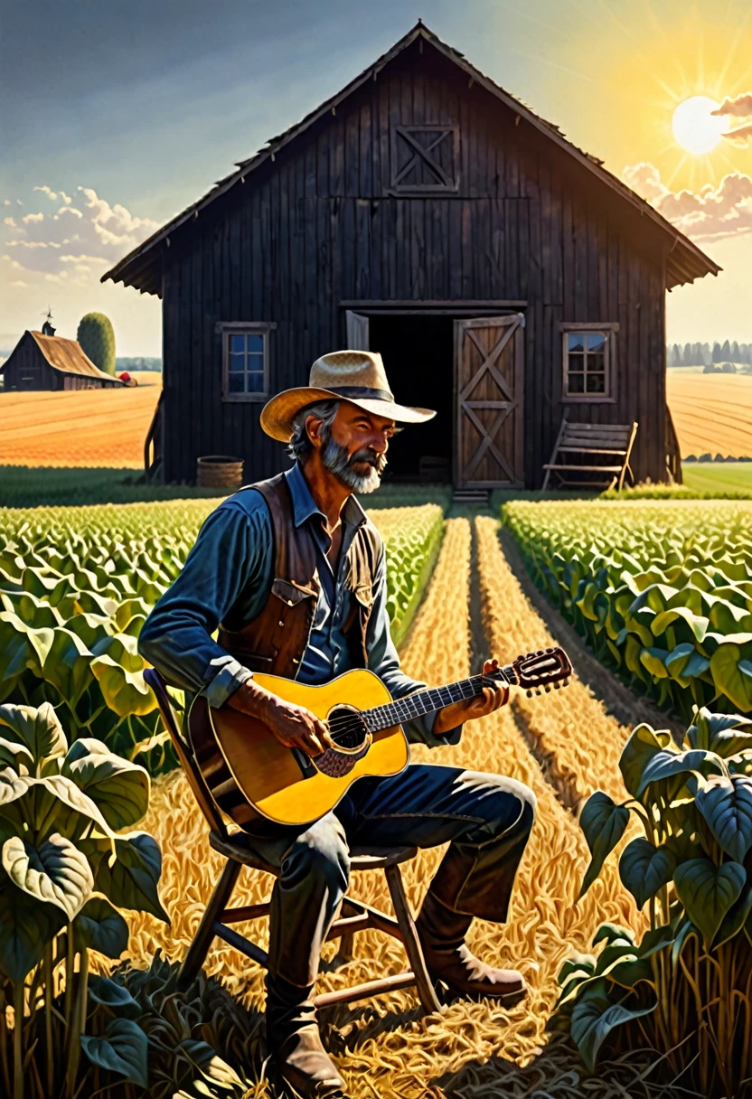 a farmer playing the guitar sitting on a wooden chair and behind his cabin and a barn on the horizon, in a field with crops, on a sunny morning , dark fantasy  style from the 70s, with intense German-style romantic painting. Shadows and spectacular lighting.