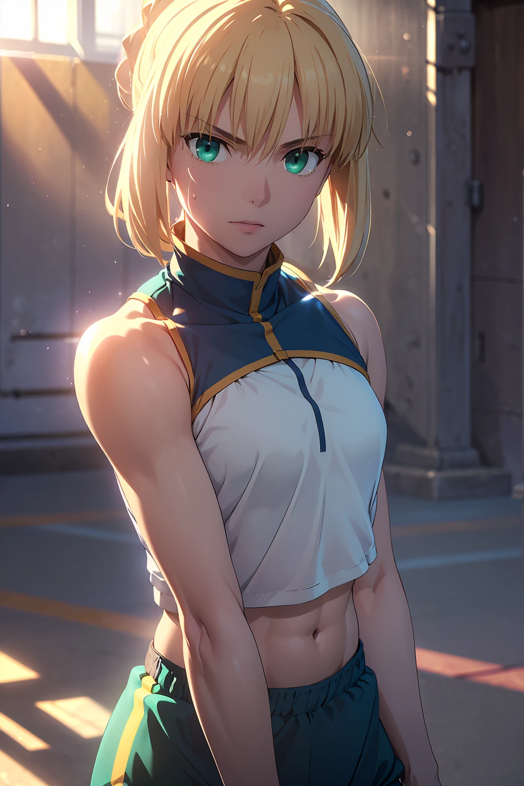 (Highest quality:1.5, High resolution, uhd, 4K, Detailed lighting, Shaders), (artoria pendragon),NSFW solo short hair short hair,ponytail Green Eyes Cool face ((White track and field uniform))++ Sports bra with a small area Realistic sun rays Sweat Super oily skin Beautiful Abs Realistic lockers 1girl, (nsfw:1.0), Spread your legs, seat, Elevate your legs, nude, (Pussy Focus:1.0) Sweat, Shiny skin, Heavy breathing, ( Sex, sexual intercourse, Insert, Hetero, Motion Lines, Motion Blur, Talking Spirit:1.1), (Lying, Lying on your back, bed,Subjective:1.1)blush depressed Face distorted by pleasure Resisting Pleasure Blushing cheeks wet Nipples licked Overflowing body fluids Spurting body fluids ((Lean back)) (((Ecstasy)))++