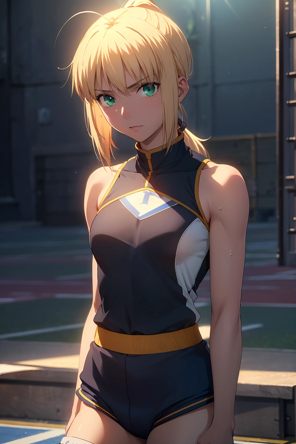 (Highest quality:1.5, High resolution, uhd, 4K, Detailed lighting, Shaders), 　(artoria pendragon), solo short hair short hair,ponytail　Green Eyes　Cool face　　((Racing Bloomers　Track and field uniform))++　Sports bra with a small area　Realistic sun rays　 Sweat　Super oily skin　Beautiful Abs