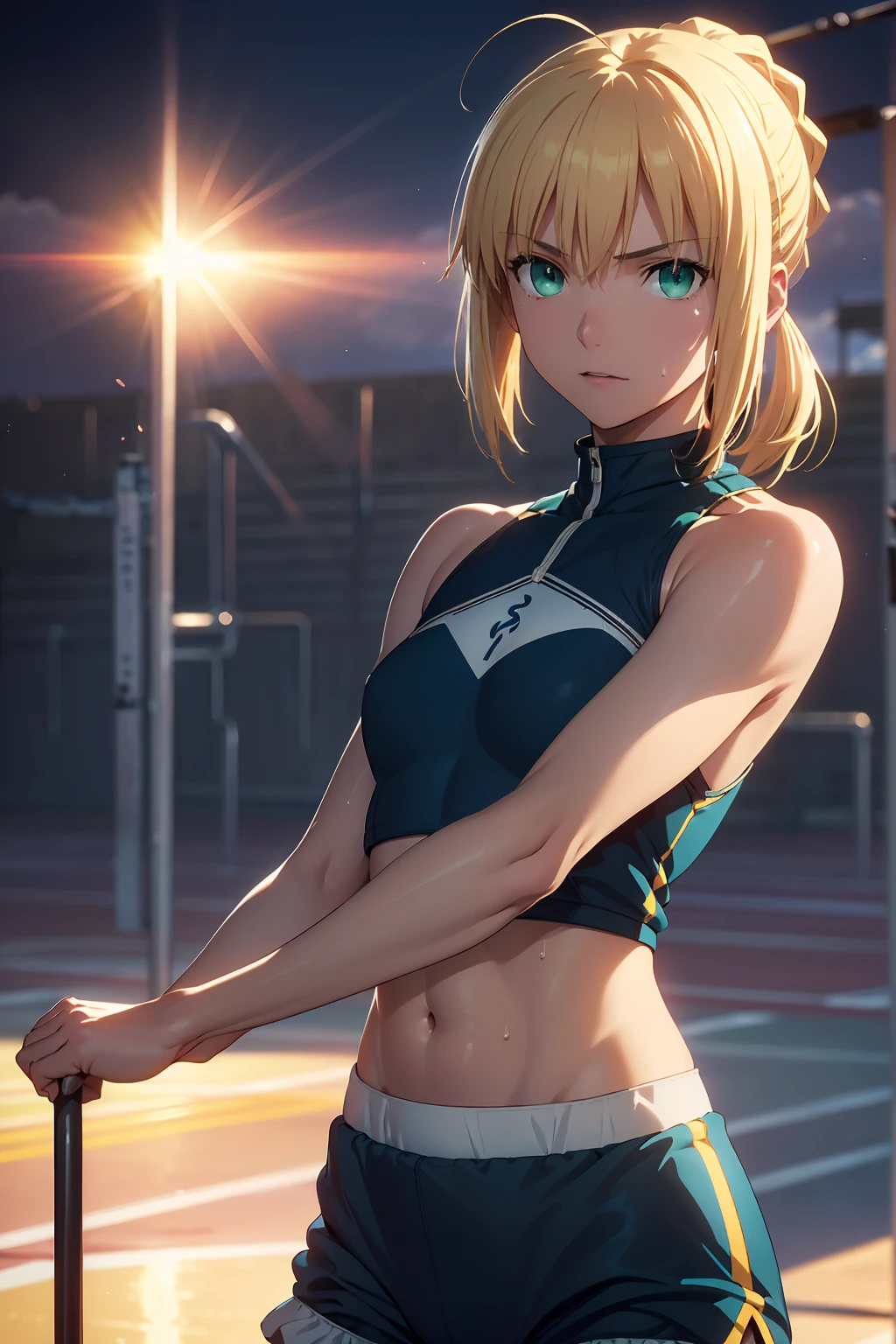 (Highest quality:1.5, High resolution, uhd, 4K, Detailed lighting, Shaders), (artoria pendragon), solo short hair short hair,ponytail Green Eyes Cool face ((Racing Bloomers Track and field uniform))++ Sports bra with a small area Realistic sun rays Sweat Super oily skin Beautiful Abs