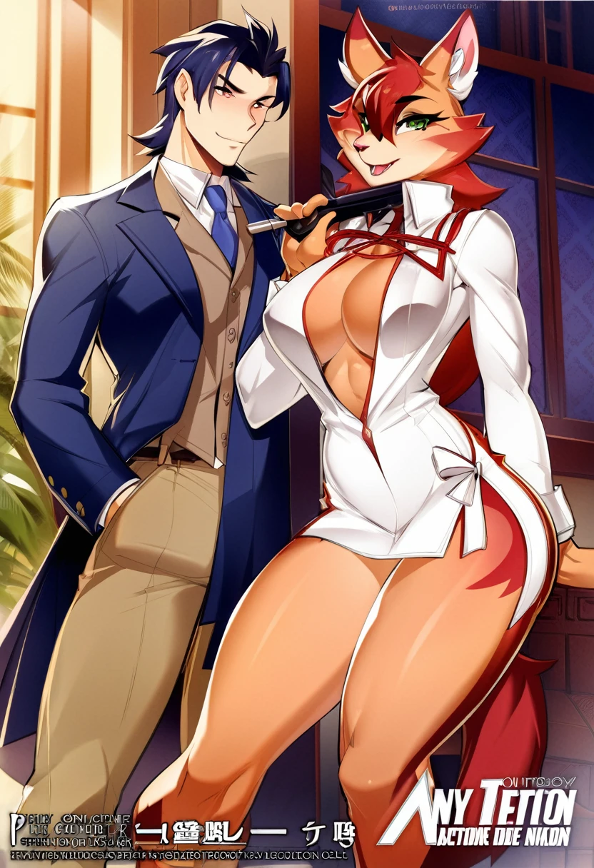 movie poster, movie artwork, concept art of action movie, romance novel cover, highres, top quality, best quality, perfect artwork, absurdres, perfect anatomy(couple, young 1male detective, 1woman in Chinese dress)(furry, kemono, anthro)with some elements of 007,