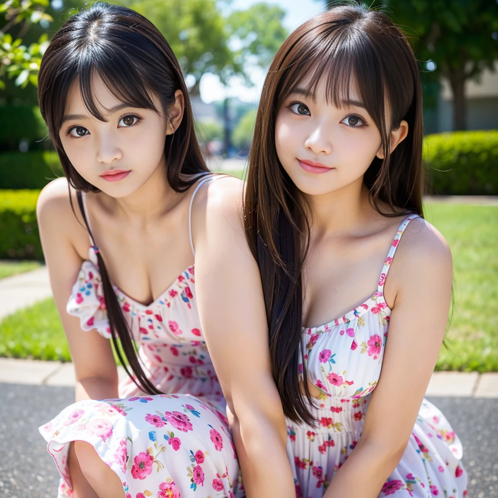 (Best-quality, Masterpiece, Ultra-High-Resolution, (Photorealistic:1.4), Raw-Photo, 64K, depth of field, professional lighting, perfect anatomy, extremely details), (((1girl))), -yeld, thost famous Japanese idol, cowboy shot, squatting at park, wearing off shoulders dress with cute-patterned, ((extremely cute face like the most popular Japanese idol, ((extremely cute and extremely big eyes)), extremely beautiful hair)), (((extremely beautiful skins))), extremely cute lips, extremely cute long-eyelashes, extremely childish body, looking at viewer, innocent smile, detailed off-shoulders-dress-with-cute-patterned