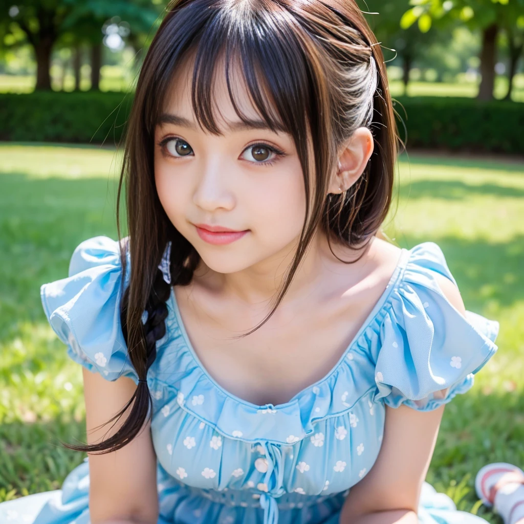(Best-quality, Masterpiece, Ultra-High-Resolution, (Photorealistic:1.4), Raw-Photo, 64K, depth of field, professional lighting, perfect anatomy, extremely details), (((1girl))), 15-years-old, the most famous Japanese idol, cowboy shot, squatting at park, wearing off shoulders dress with cute-patterned, ((extremely cute face like the most popular Japanese idol, ((extremely cute and extremely big eyes)), extremely beautiful hair)), (((extremely beautiful skins))), extremely cute lips, extremely cute long-eyelashes, extremely childish body, looking at viewer, innocent smile, detailed off-shoulders-dress-with-cute-patterned