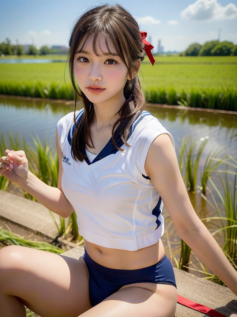 ((Best of the highest quality, 8k, Masterpiece, raw photo: 1.2)), (Sharp focus: 1.2), (1 AESPA, slim body type female, 21 y/o: 1.1), (solo: 1.28), (realistic, photo-realistic:1.37), face focus, cute face, finely eyes, (droopy eyes: 1.32), (Emphasize prominent aegyo-sal with bright: 1.2), shimmering eyeshadow applied under the lower lash line, paired with thick, (small breasts, flat chest, Thigh: 1.3), (short messy hair, updo: 1.28), (school sports wear, ribbon, panties: 1.32), sitting river, (rice field, paddy field: 1.1), flower, (from below: 1.16)