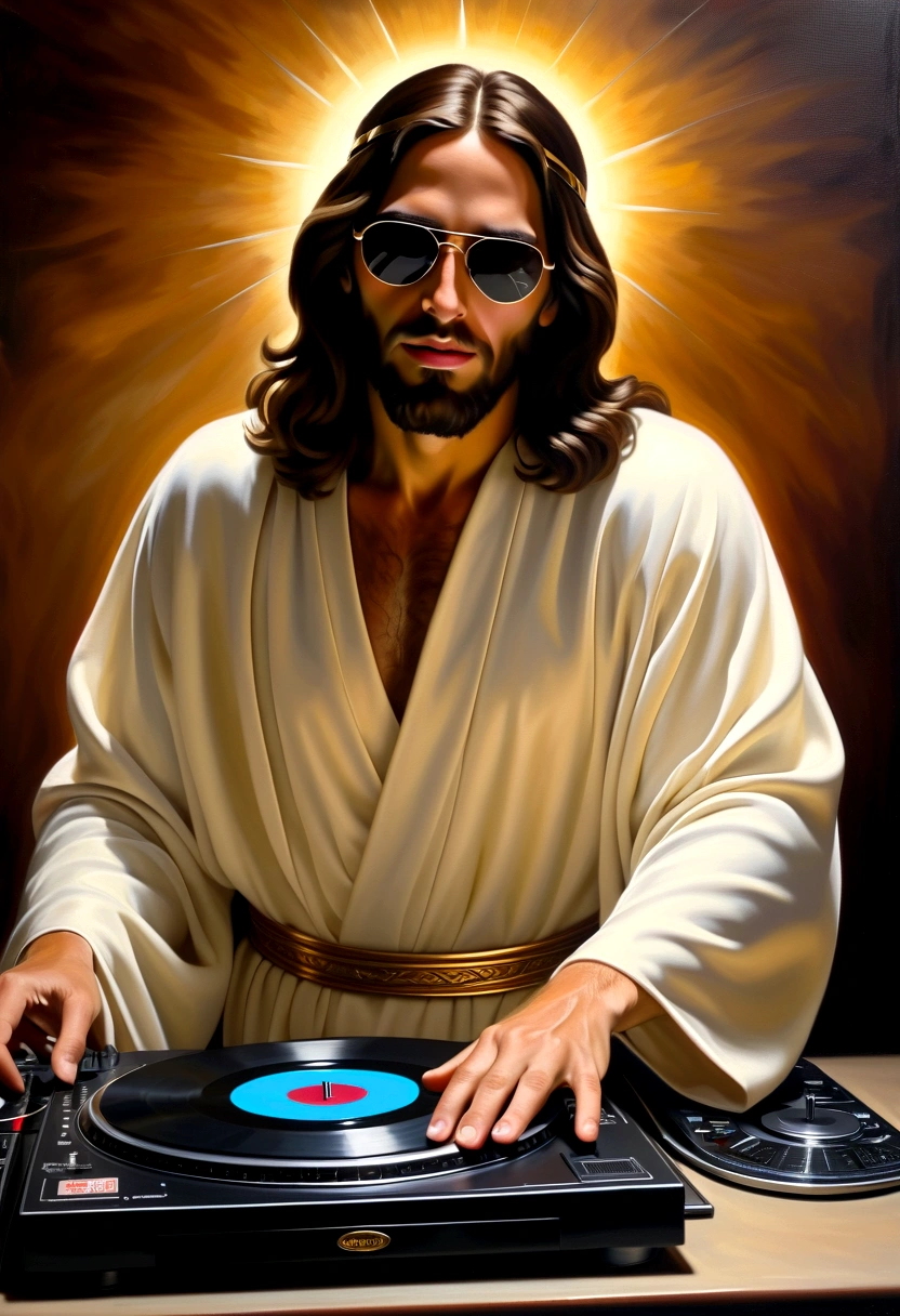 ntimate (oil painting:1.2), inspired by Caravaggio and El Greco BREAK (Jesus Christ as a DJ:1.3), grin, sunglasses, (robe:1.2), , confidence, (Soft glow:1.2) BREAK (Ethereal presence:1.2),(Subtle radiance:1.2),(Seraphic companions:1.3) BREAK Muted surroundings, Sacred atmosphere, Executed with masterful strokes, Rich chiaroscuro, Evocative emotion