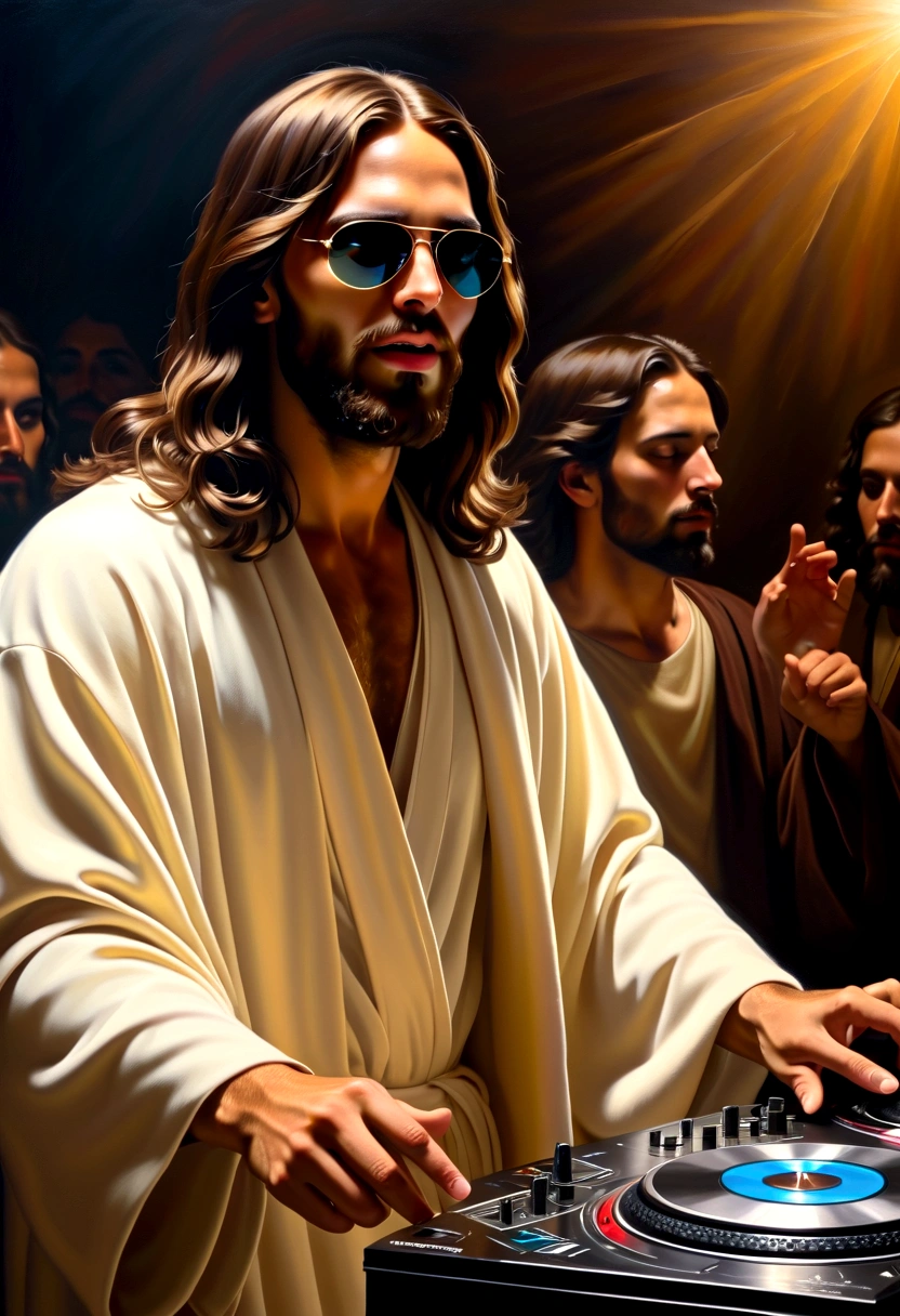 ntimate (oil painting:1.2), inspired by Caravaggio and El Greco BREAK (Jesus Christ as a DJ:1.3), grin, sunglasses, (robe:1.2), , confidence, (Soft glow:1.2) BREAK (Ethereal presence:1.2),(Subtle radiance:1.2),(Seraphic companions:1.3) BREAK Muted surroundings, Sacred atmosphere, Executed with masterful strokes, Rich chiaroscuro, Evocative emotion