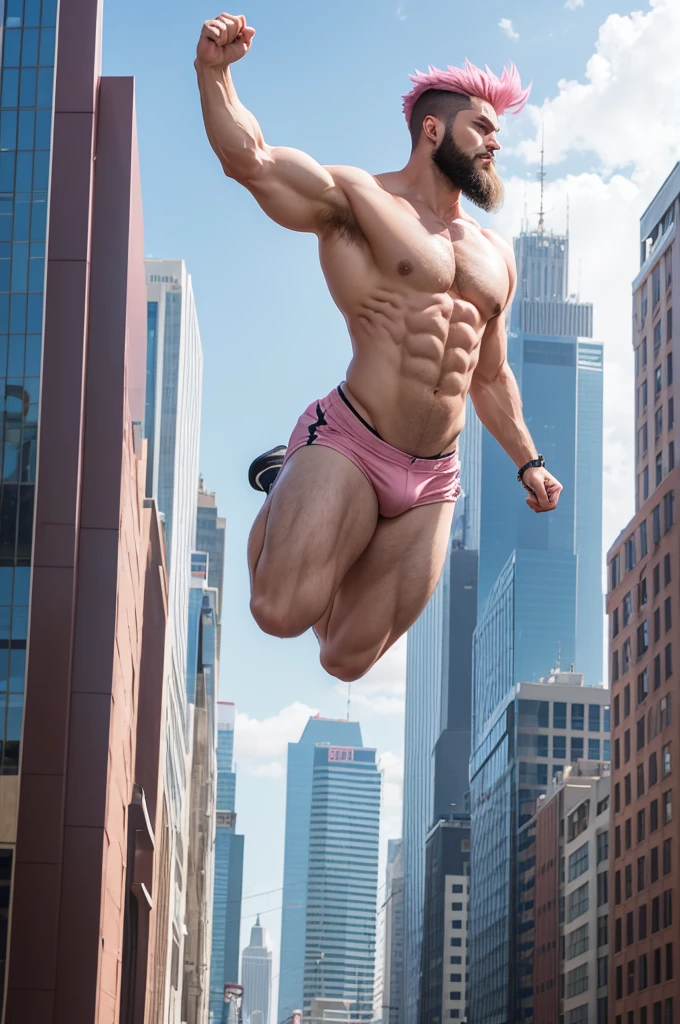 A tall anime character,com 2m,with beard,short pink hair,with a lot of muscle,flying in a city
