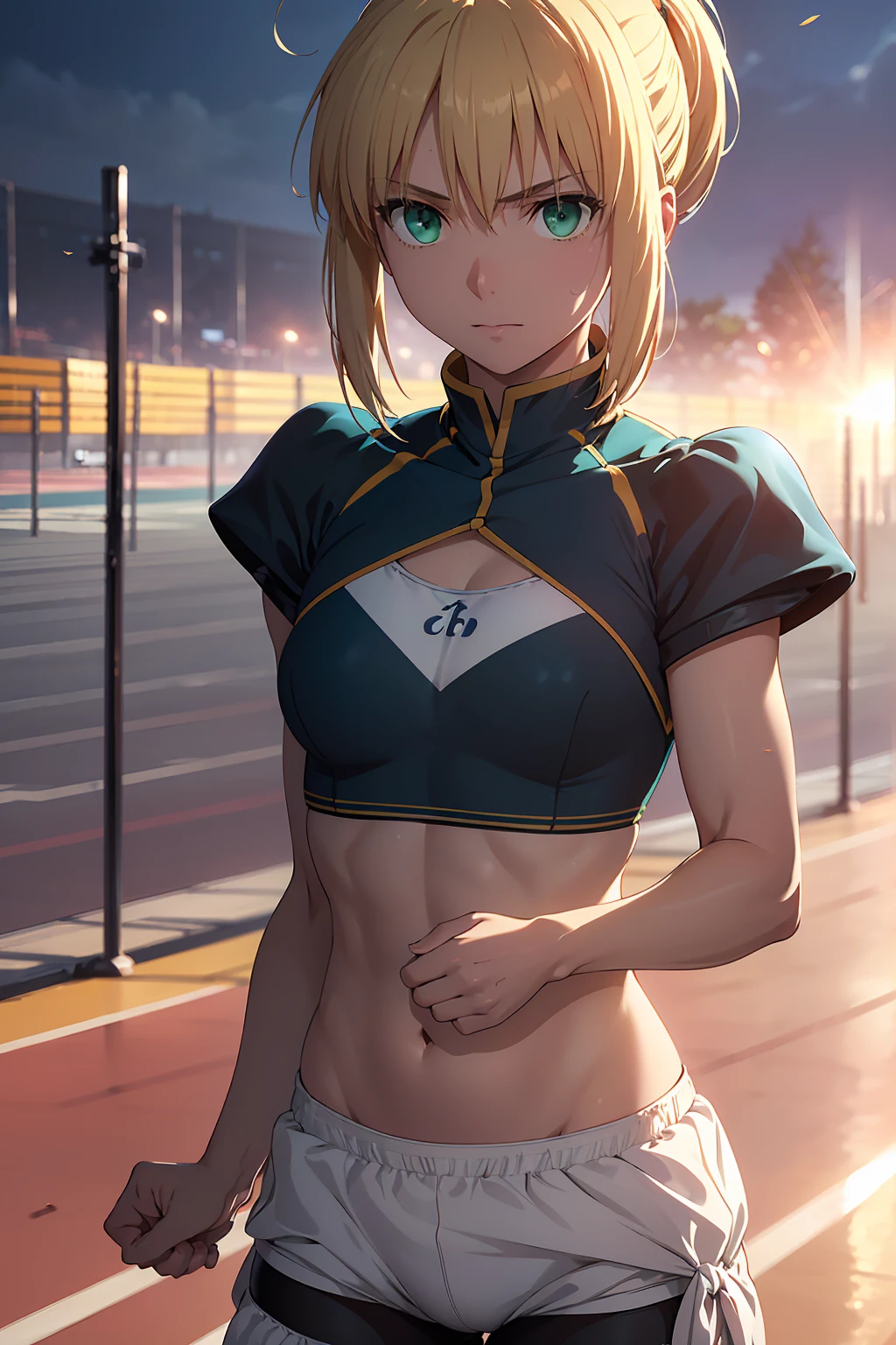 (Highest quality:1.5, High resolution, uhd, 4K, Detailed lighting, Shaders), 　(artoria pendragon),NSFW solo short hair short hair,ponytail　Green Eyes　Cool face　　((Racing Bloomers　Track and field uniform))++　Sports bra with a small area　Realistic sun rays　 Sweat　Super oily skin　Beautiful Abs