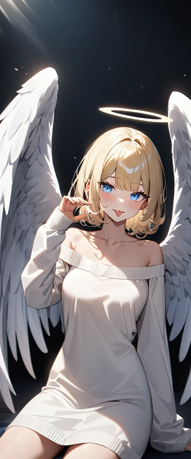 (((One girl))), ((sunglasses, hand to sunglasses)), ((angel, big big white wings:1.2, halo:1.3)), Uriel, ((wavy hair, outward curled hair)), evening, Sunset, open mouth, ((stick out tongue)), ((blond hair, bob cut:1.3)), big breasts, teenager, (looking at viewer), oversized clothes, puffy long sleeves, collarbone, ((off-shoulder sweater dress:1.3, Quite thick shoulder straps)), (((sleeves past wrists:1.3))), ((white sweater)), collarbone, head tilt:1.3, (((blue eye))), ((happy smile)), (((anime style))), (best quality, 4K, 8K, highres, masterpiece:1.2, ultra-detailed, ultra-detailed eyes, HDR, uhd, studio lighting, ultra-fine painting, sharp focus, physically-based rendering, extreme detail description, professional, vivid colors, bokeh), ((Highest quality, Best image quality, Ultra-high resolution, Ultra-high resolution, solo, Strong eye highlights)), Depth of written boundary, Natural soft light, attractive, Beautiful Face, Cleanliness, Pure Face, medium chest, Beautiful Face, Perfect Fingers, Perfect hands, Perfect body, Perfect Face, Shine a light into your eyes, Perfect Anatomy