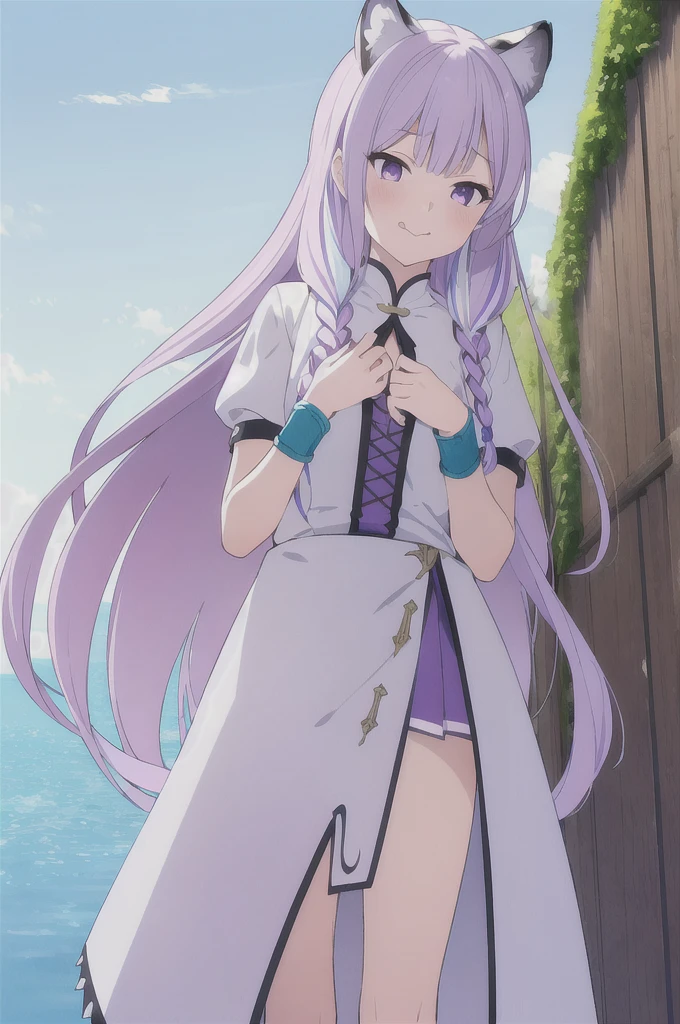 ((masterpiece)), (best quality), (ultra-detailed), photorealistic, (best illustration), ((an extremely delicate and beautiful)), 1girl, solo, long hair, tiger ears, [:tiger tail under:0.2], lilac hair, two-tone hair, full body art, (purple armor:1), multicolored dress, cross-laced, standing, evil purple eyes, sharp teeth, tongue out, teasing grin, White shirt, short sleeves, detailed scenery, blue sky, horizon, low twin braids, twin braids, hair ornament, bracelet, (hand on own chest:0.9), blush. 