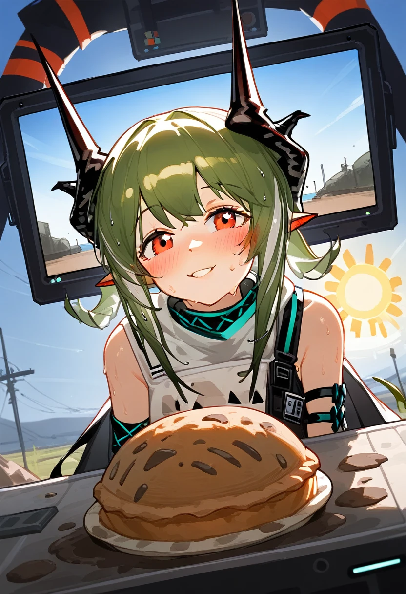 score_9,score_8_above,score_7_above,1 girl,mud rock (arknights),dirty,pies,gloves,hull,horns,sunes,Red eyes,barefoot,pointy ears,old,suno,wide,by white,black gloves,toes,hull de seguridad,Foot focus,looking at the viewer,session,sweat,Chapped lips,dirty pies,tenure,outdoor,sky,hits,oripathy lesion (arknights),day,SMILE,blush,demon horns,infection monitor (arknights),foreshortening,sun,