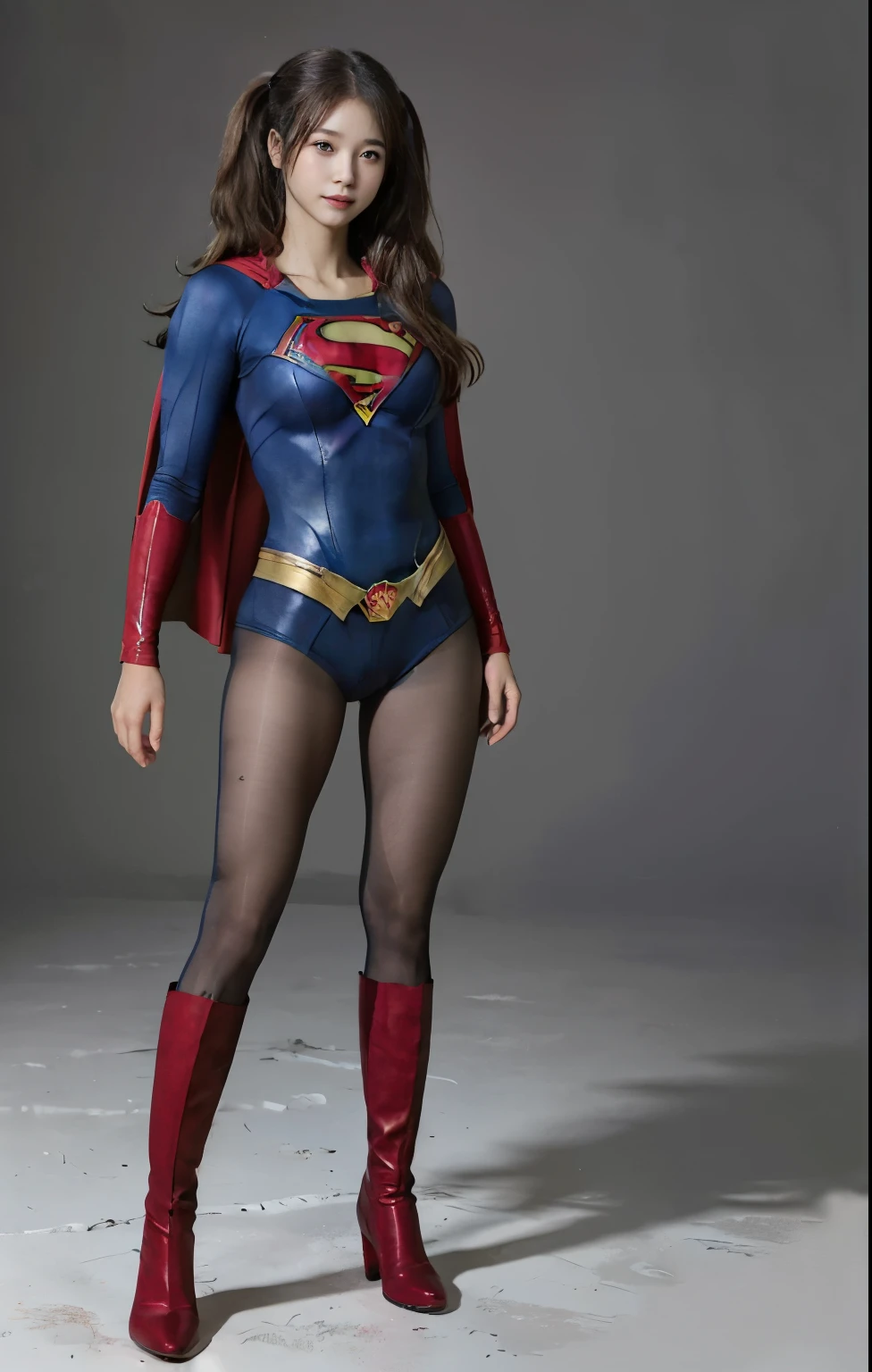 No background、(((Beautiful legs in black tights.)))、(((Legally express the beauty of your smile)))、((((Make the most of your original images)))、(((Supergirl Costume)))、(((Beautiful hair with twin tails)))、(((suffering)))、(((Please wear black tights....、Wear red boots)))、((Best image quality、8K))、((Highest quality、8K、masterpiece:1.3))、(((Preserve background )))、Sharp focus:1.2、Beautiful woman with perfect figure:1.4、Slim Abs:1.2、Wet body:1.5、Highly detailed face and skin texture、8K