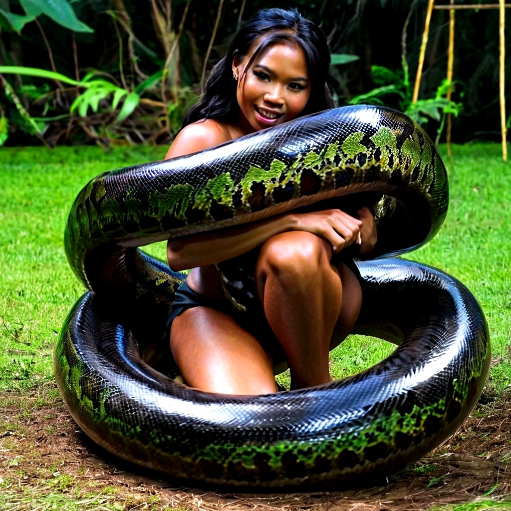 Happy Horny, aroused 1girl), beautiful kneeling Filipino young girl with giant colossal black titanboa squeezing her hard, wrapped in thick spiraling coils, constricted, struggle, gasping for air, snake attack, snake peril, moonless night, dim light