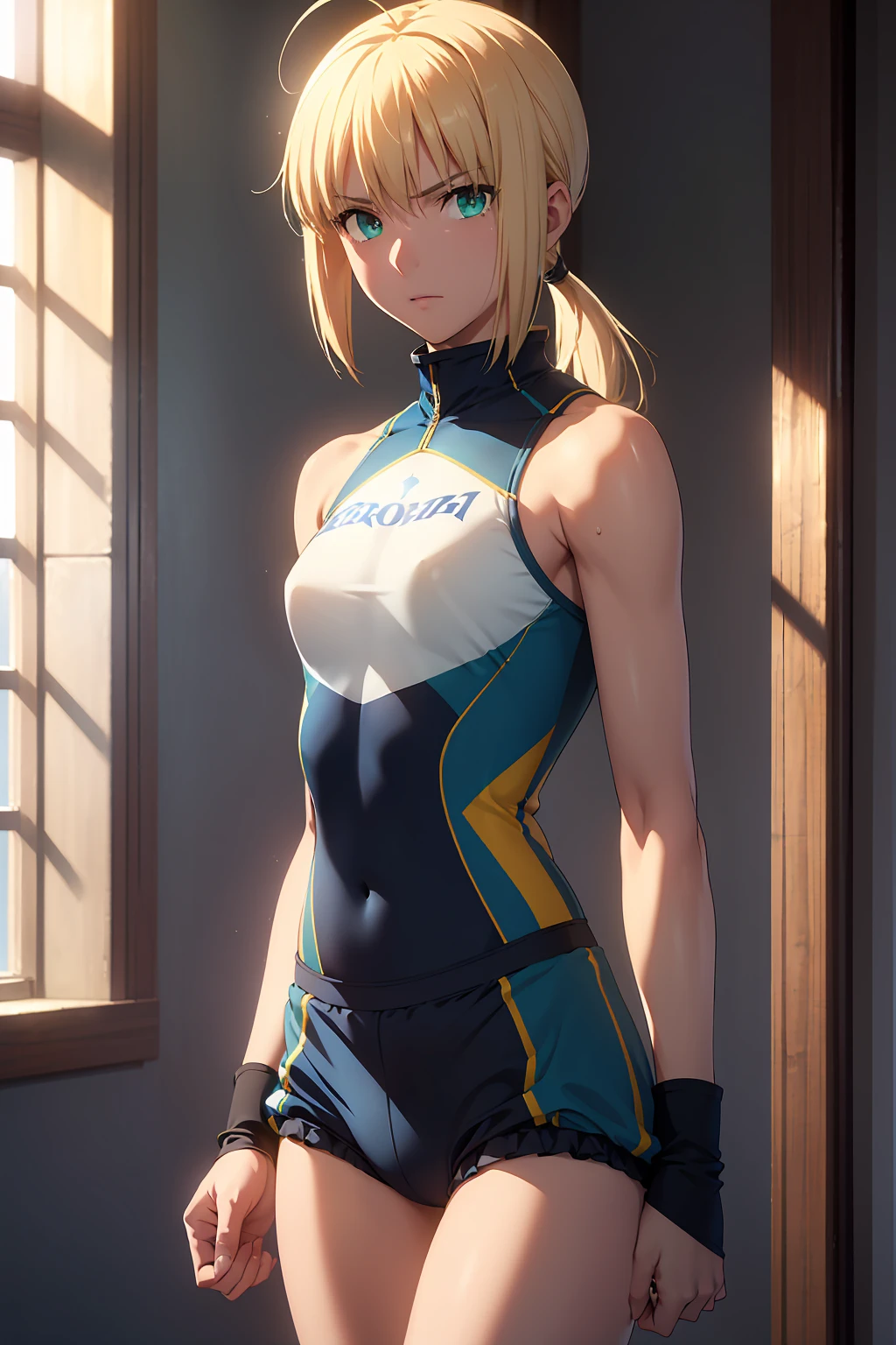 (Highest quality:1.5, High resolution, uhd, 4K, Detailed lighting, Shaders), 　(artoria pendragon),NSFW solo short hair short hair,ponytail　Green Eyes　Cool face　　((Racing Bloomers　Track and field uniform))++　Sports bra with a small area　Realistic sun rays　 Sweat　Super oily skin　Beautiful Abs