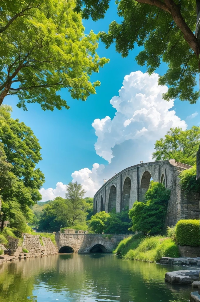 "Generate a soothing riverside scene in a fantasy realm, with intricate stone bridges, lush greenery, and calm waters reflecting the vibrant colors of the sky."A delightful photo of a cute white kitten walking with a tiny blue backpack, 