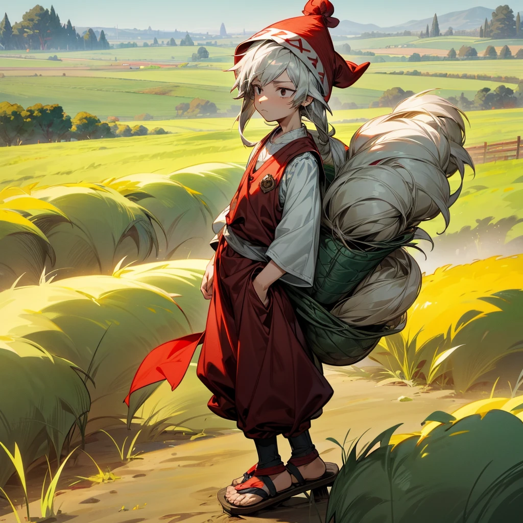 1little boy, Full body version, 1character, black eyes color, milk skin, long hairstyle, sad eyes type, silver colour hair, Farmer villager clothing style, red color clothing, black pants, white scraf, Ancient roman sandals, vest, green Beanie, Grassroots background in field villager, motion blur