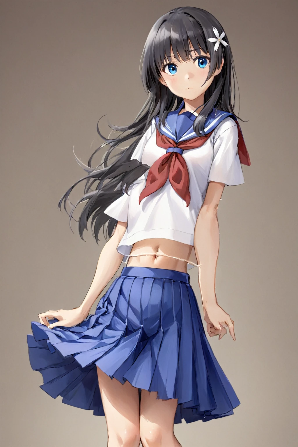 Saten Ruiko,White Serafuku and blue skirt,Cowboy Shot,