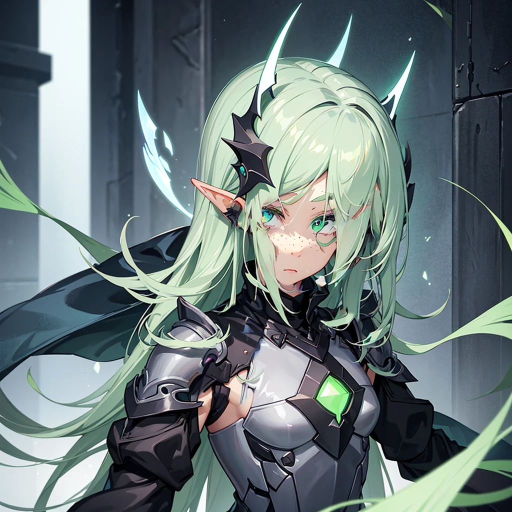 Cute dark elf girl, with light gray skin and light green eyes. With dark green eyes, height 160, with small freckles on his face