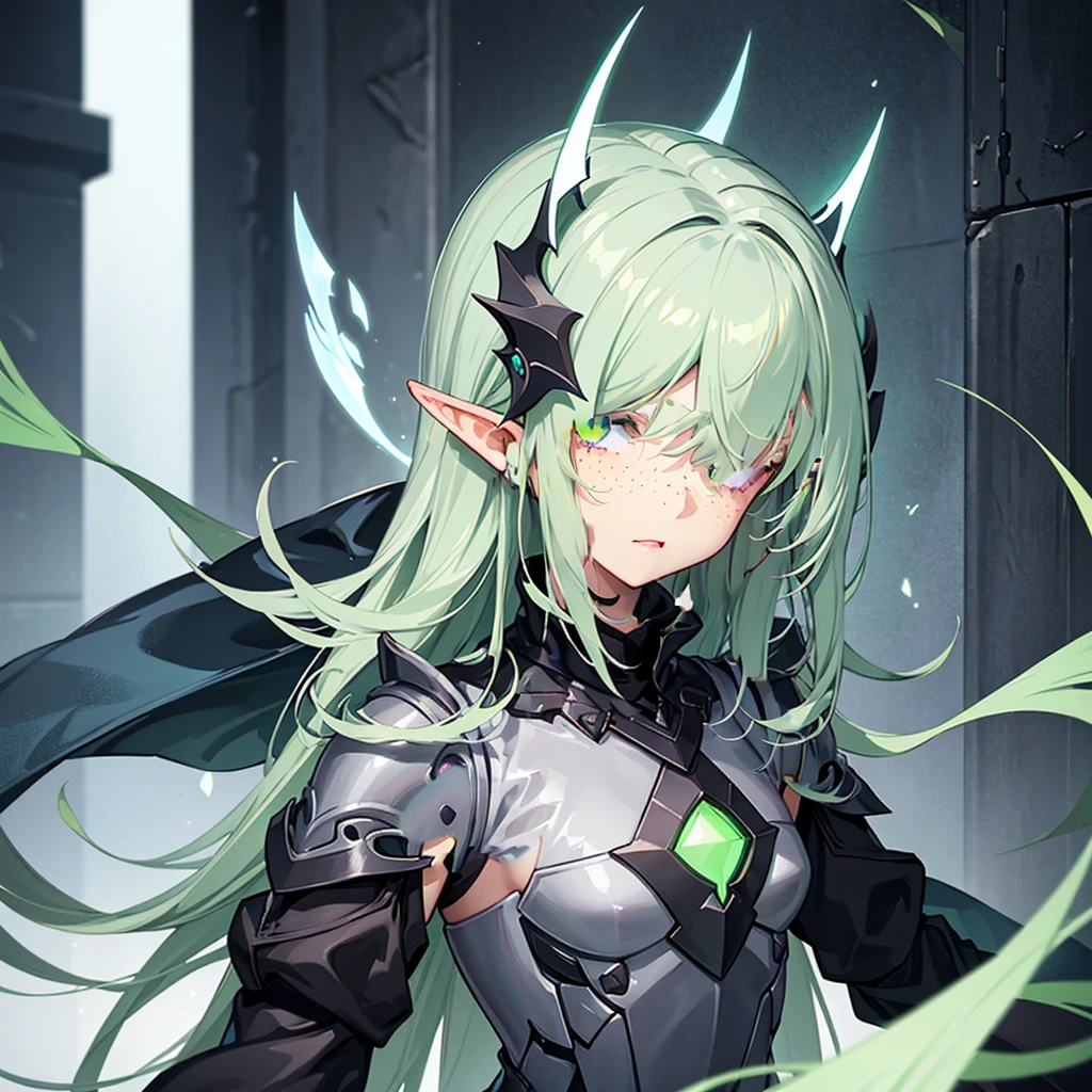 Cute dark elf girl, with light gray skin and light green eyes. With dark green eyes, height 160, with small freckles on his face