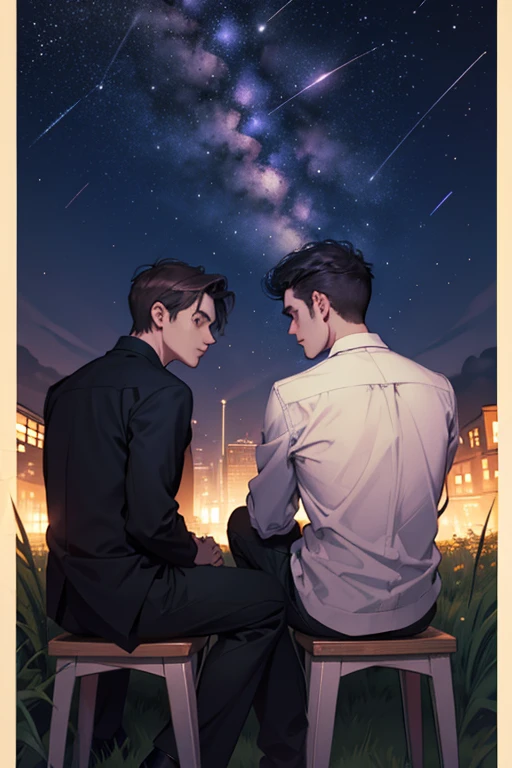 Two men sitting with their backs looking at shooting stars at night