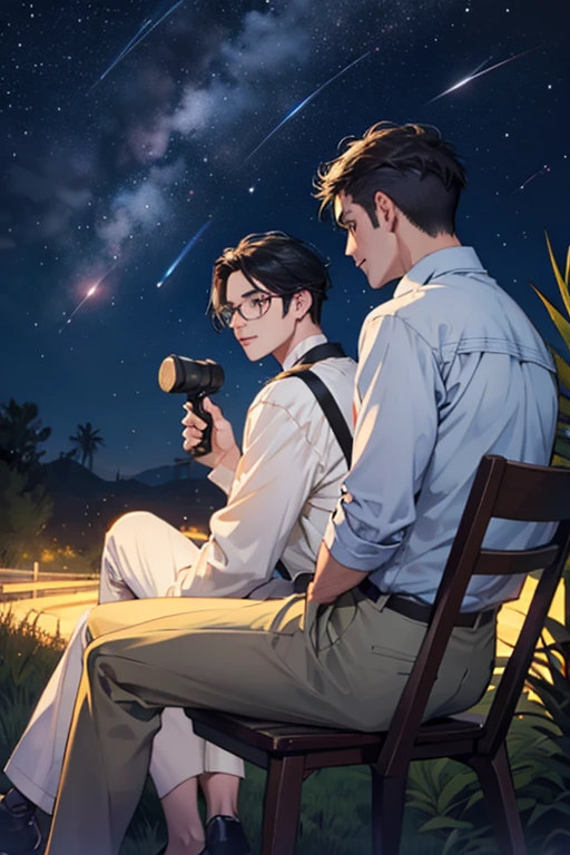 Two men sitting with their backs looking at shooting stars at night