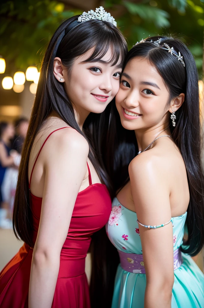 (Best-quality, Masterpiece, Ultra-High-Resolution, (Photorealistic:1.4), Raw Photo, depth of field, professional lighting, perfect anatomies, extremely details),
(((3girls, the most popular 15-years-old Japanese-idols having fun at party))), They are all . They all have wonderful smiles.
(They all have extremely cute faces. ((They all have extremely cute and extremely big black-eyes.)) They all have extremely beautiful hair and extremely beautiful skins. They all have extremely beautiful bodies.) They are all wearing gorgeous-evening-dress with gorgeous-design.