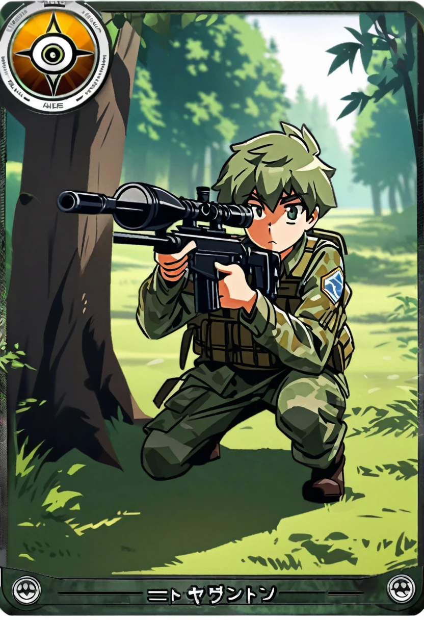 frame of trading card, UI Marks on the upper right and left bottom of the cygames style card.dark and green tone. 14 years old small anthro kemono fox Scout is crouching behind a tree and aiming his sniper rifle at a distant target. He is dressed in a camouflaged jacket and pants,with a bulletproof vest. meticulous post-war military scenes, soft-focus technique