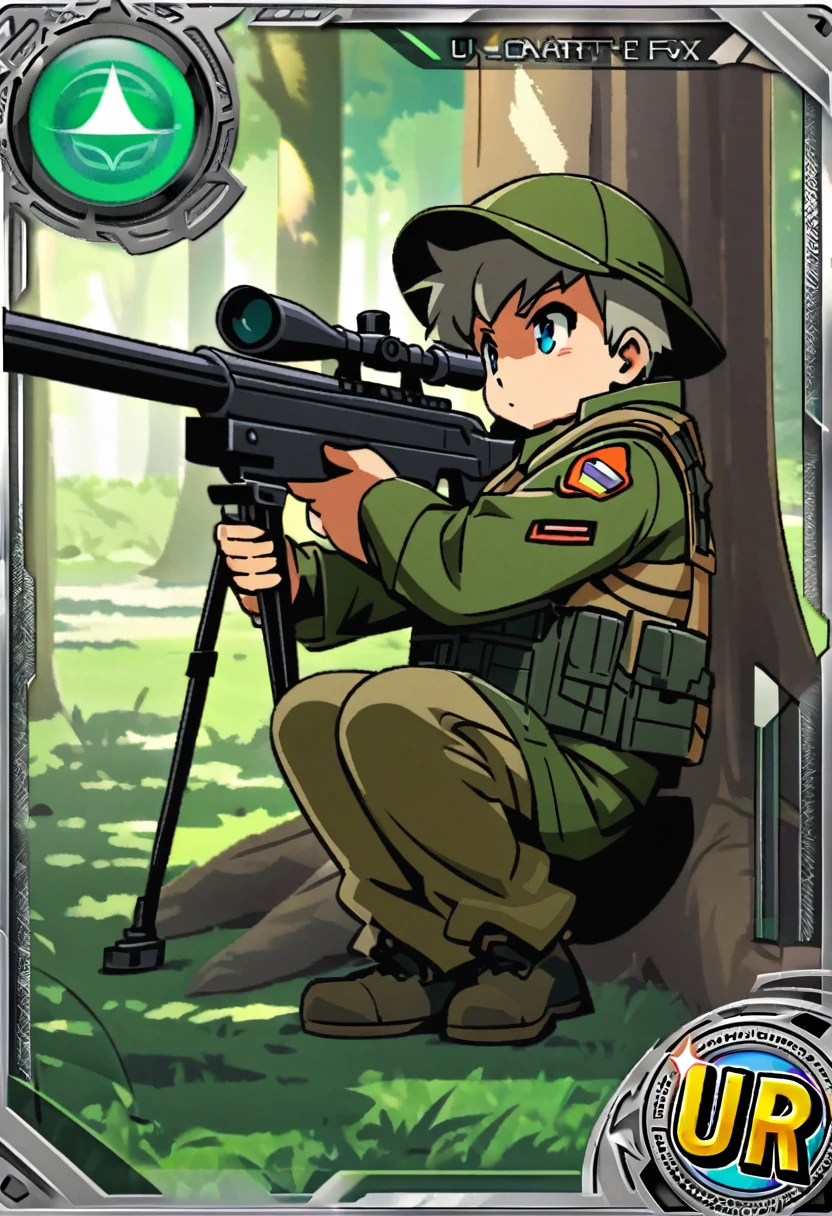 frame of trading card, UI Marks on the upper right and left bottom of the cygames style card.dark and green tone. small anthro kemono fox Scout is crouching behind a tree and aiming his sniper rifle at a distant target. He is dressed in a camouflaged jacket and pants,with a bulletproof vest. meticulous post-war military scenes, soft-focus technique