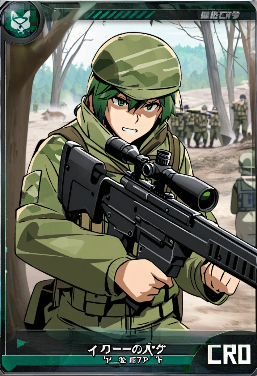 frame of trading card, UI Marks on the upper right and left bottom of the cygames style card.dark and green tone. small anthro kemono fox Scout is crouching behind a tree and aiming his sniper rifle at a distant target. He is dressed in a camouflaged jacket and pants,with a bulletproof vest. meticulous post-war military scenes, soft-focus technique