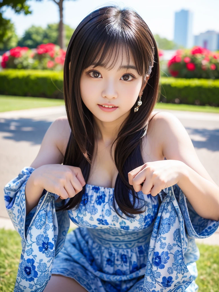 (Best-quality, Masterpiece, Ultra-High-Resolution, (Photorealistic:1.4), Raw-Photo, 64K, depth of field, professional lighting, perfect anatomy, extremely details), (((1girl))), -yeld, thost famous Japanese idol, cowboy shot, squatting at park, wearing off shoulders dress with cute-patterned, ((extremely cute face like the most popular Japanese idol, ((extremely cute and extremely big eyes)), extremely beautiful hair)), (((extremely beautiful skins))), extremely cute lips, extremely cute long-eyelashes, extremely childish body, looking at viewer, innocent smile, detailed off-shoulders-dress-with-cute-patterned