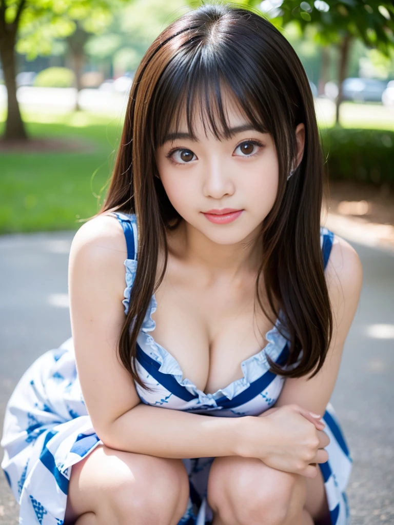 (Best-quality, Masterpiece, Ultra-High-Resolution, (Photorealistic:1.4), Raw-Photo, 64K, depth of field, professional lighting, perfect anatomy, extremely details), (((1girl))), 15-years-old, the most famous Japanese idol, cowboy shot, squatting at park, wearing off shoulders dress with cute-patterned, ((extremely cute face like the most popular Japanese idol, ((extremely cute and extremely big eyes)), extremely beautiful hair)), (((extremely beautiful skins))), extremely cute lips, extremely cute long-eyelashes, extremely childish body, looking at viewer, innocent smile, detailed off-shoulders-dress-with-cute-patterned
