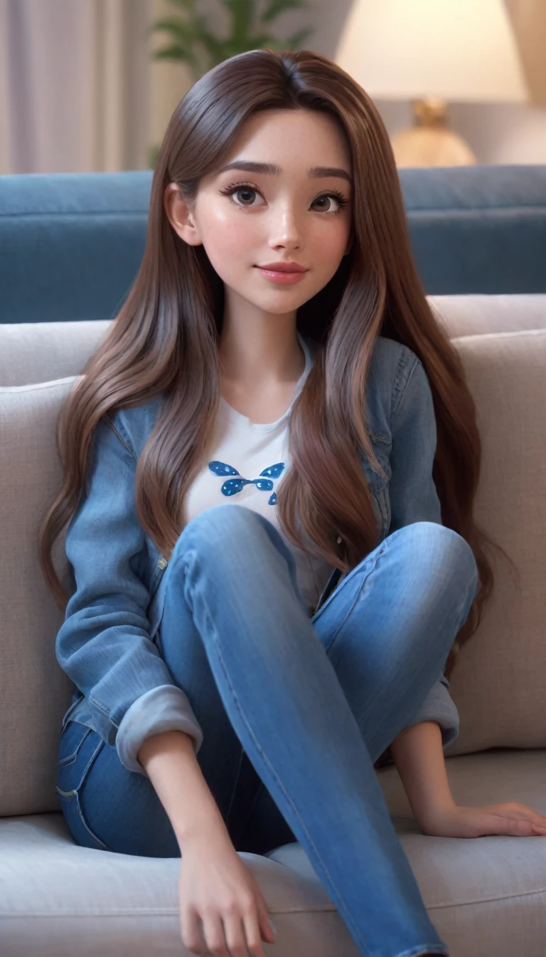 a woman, with long hair and jeans, sitting on a couch, in the style of cartoon realism, i can't believe how beautiful this is, cute and dreamy, disney animation, realistic hyper-detail, warmcore --ar 73:105 --stylize 750 --v 6