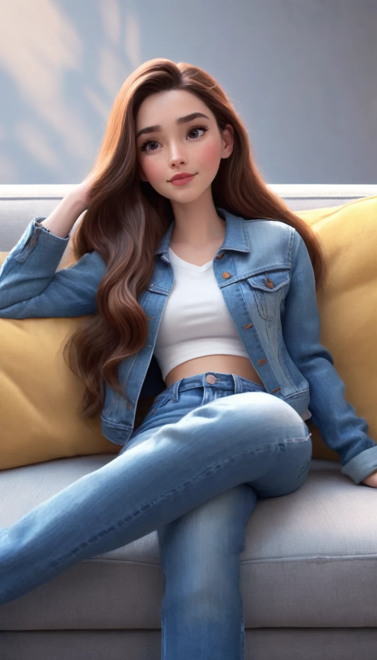 a woman, with long hair and jeans, sitting on a couch, in the style of cartoon realism, i can't believe how beautiful this is, cute and dreamy, disney animation, realistic hyper-detail, warmcore --ar 73:105 --stylize 750 --v 6