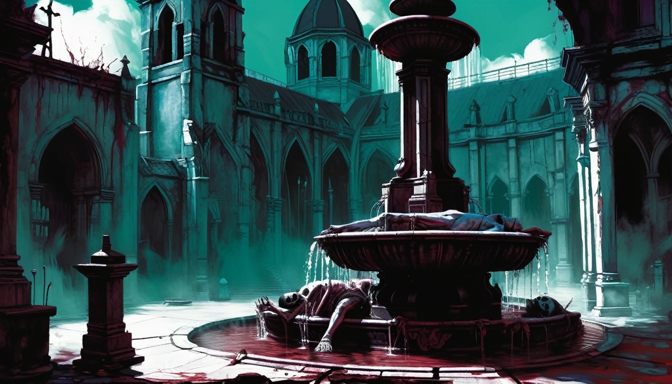 a painting of a ((fountain with corpses)), dead bodies, vampire the masquerade bloodlines, incredible art, gloomy background, nimbus, church ragged vestments, darksketch
